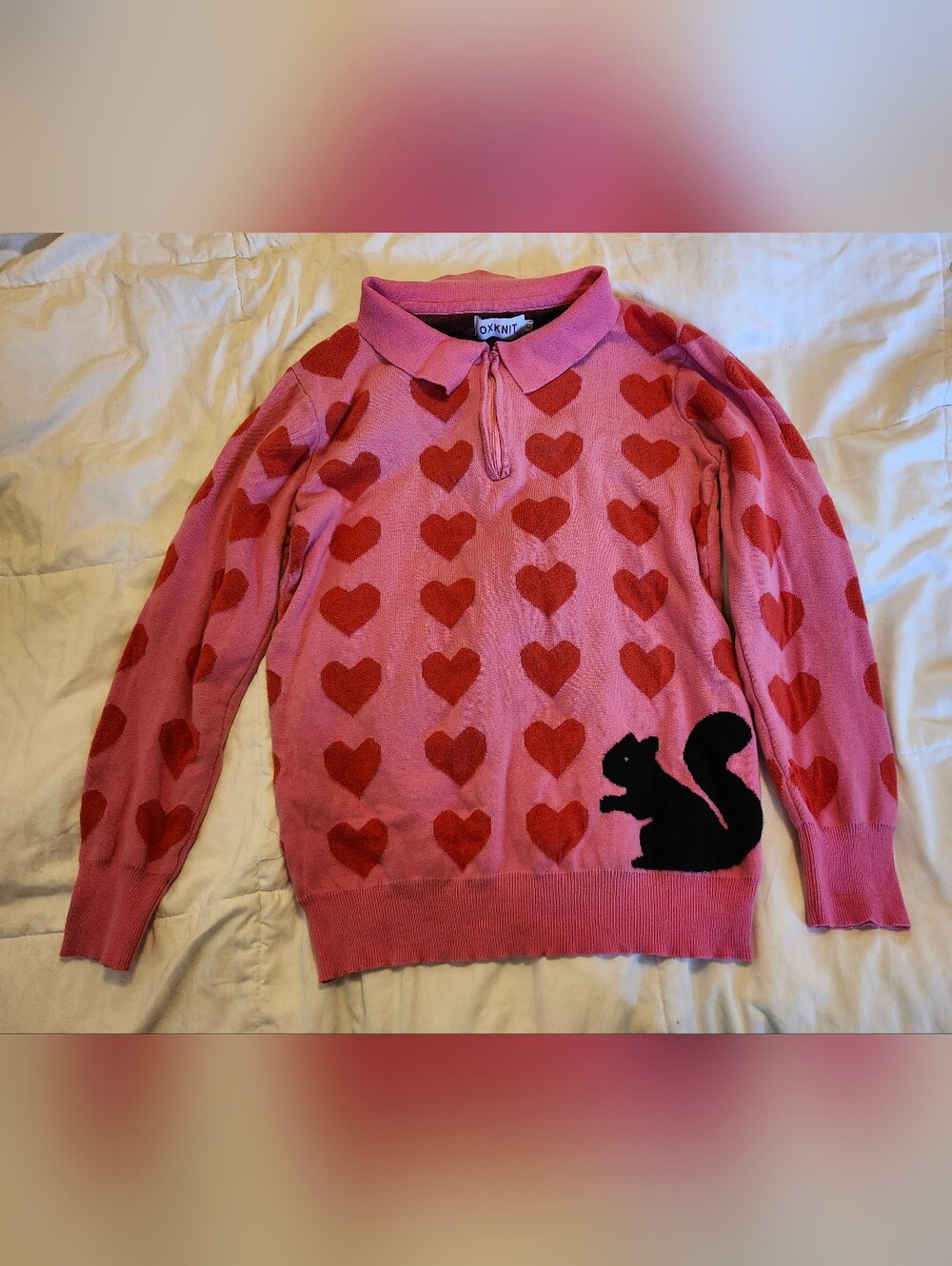 Pink Heart Pattern Polo Sweater with Black Squirrel